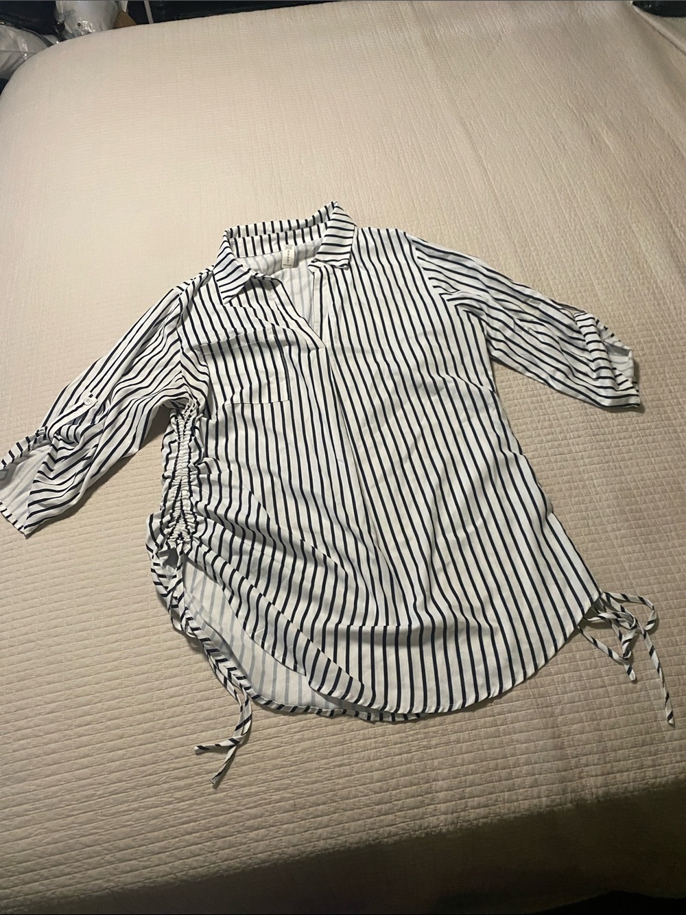 B Striped Drawstring Side Women’s Shirt - White & Black